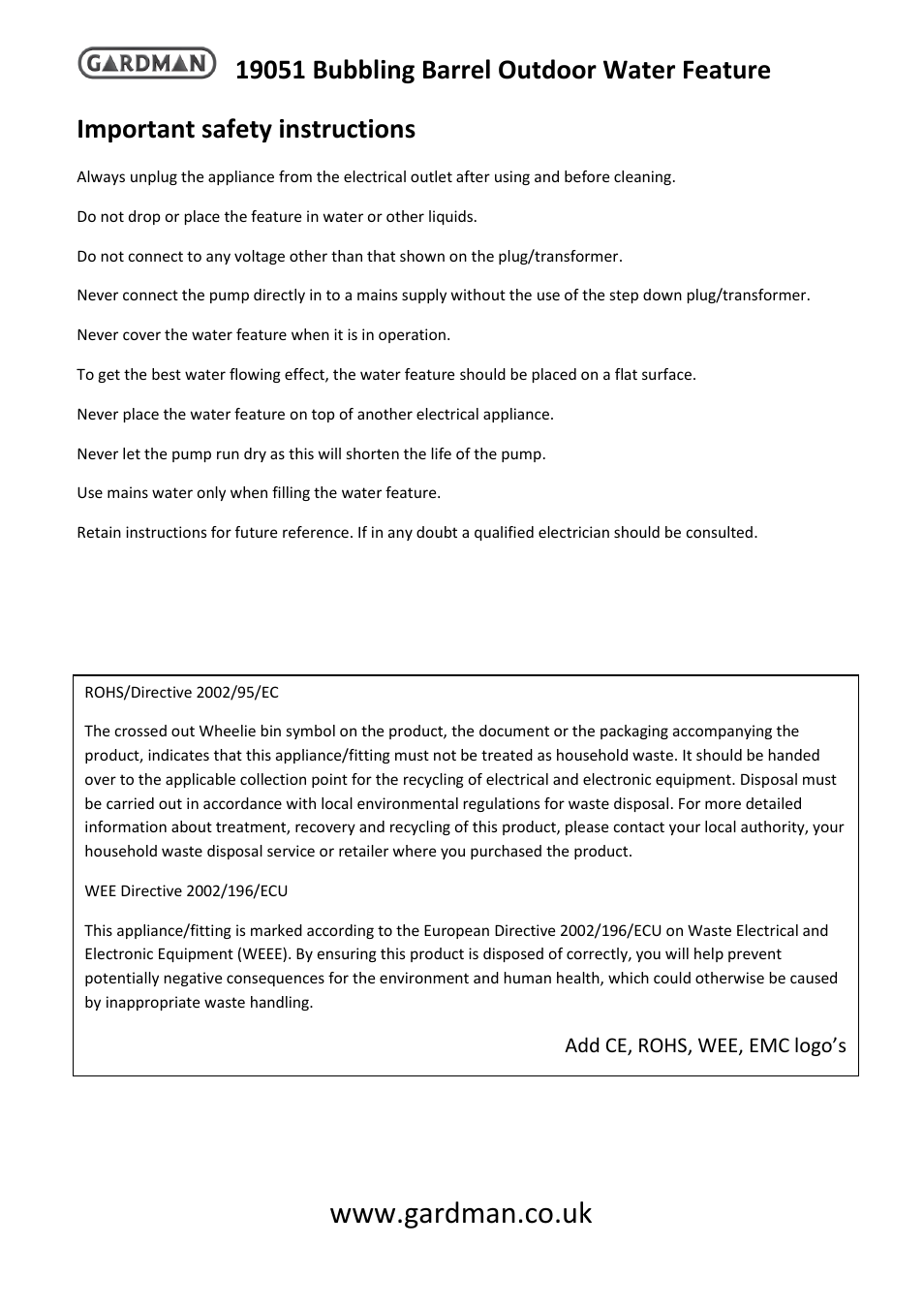 Important safety instructions, Add ce, rohs, wee, emc logo’s | Gardman Bubbling Barrel User Manual | Page 3 / 4