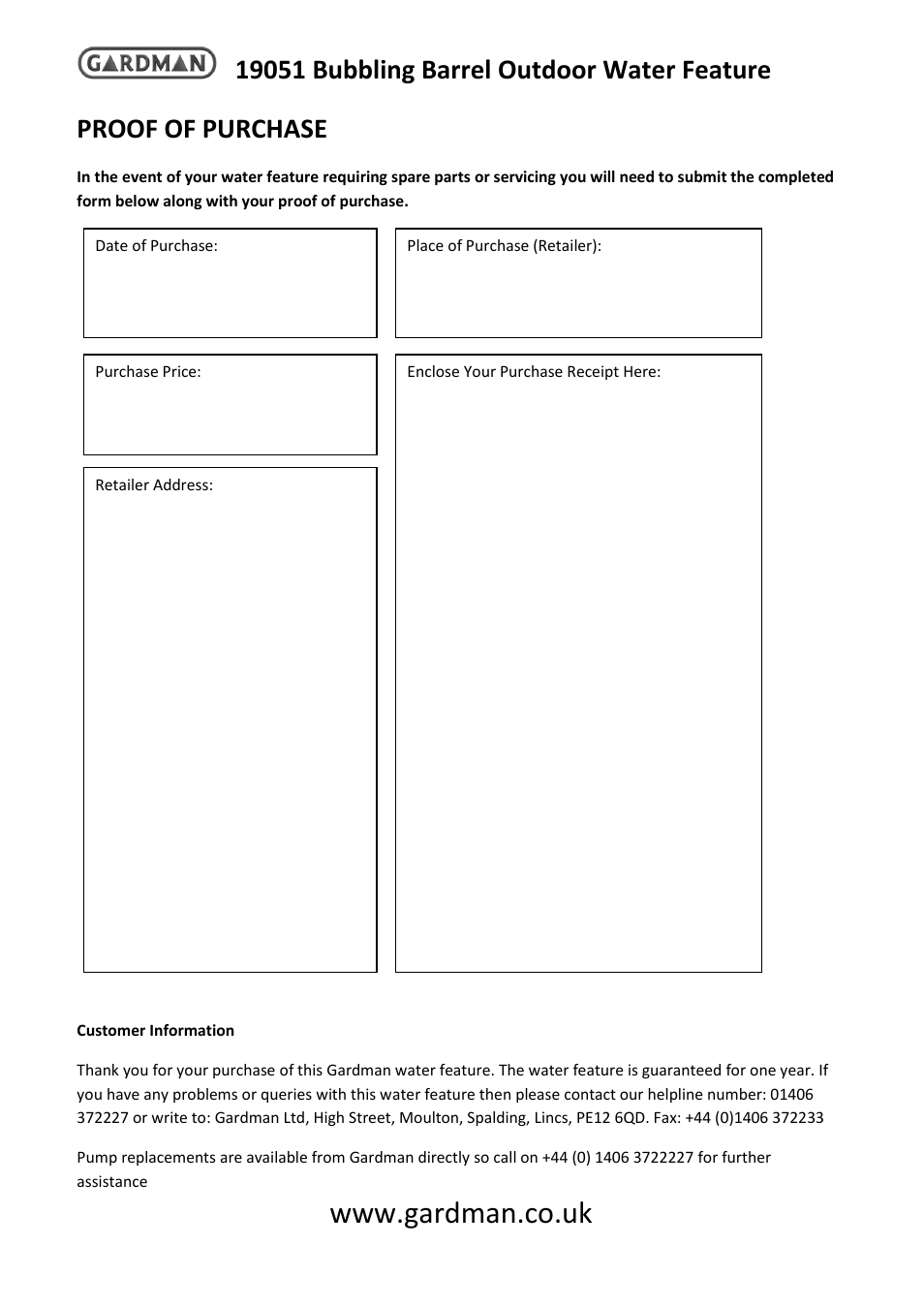 Proof of purchase | Gardman Bubbling Barrel User Manual | Page 4 / 4