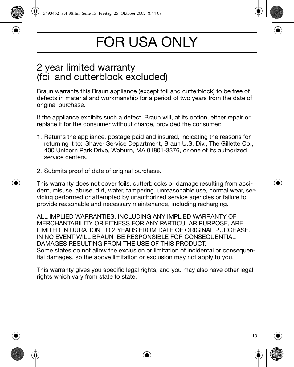For usa only | Braun 5493 User Manual | Page 13 / 38