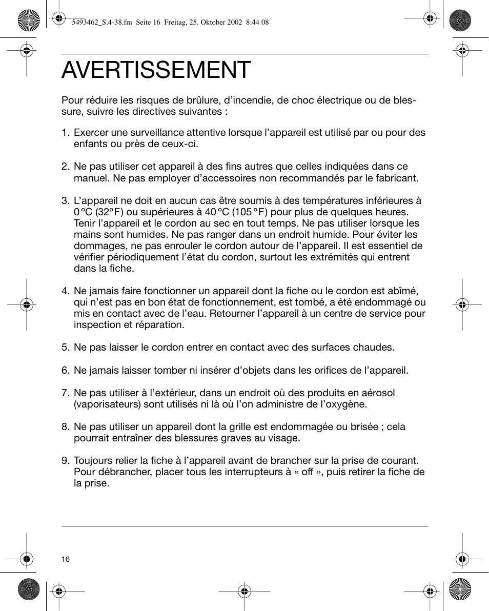 Avertissement | Braun 5493 User Manual | Page 16 / 38