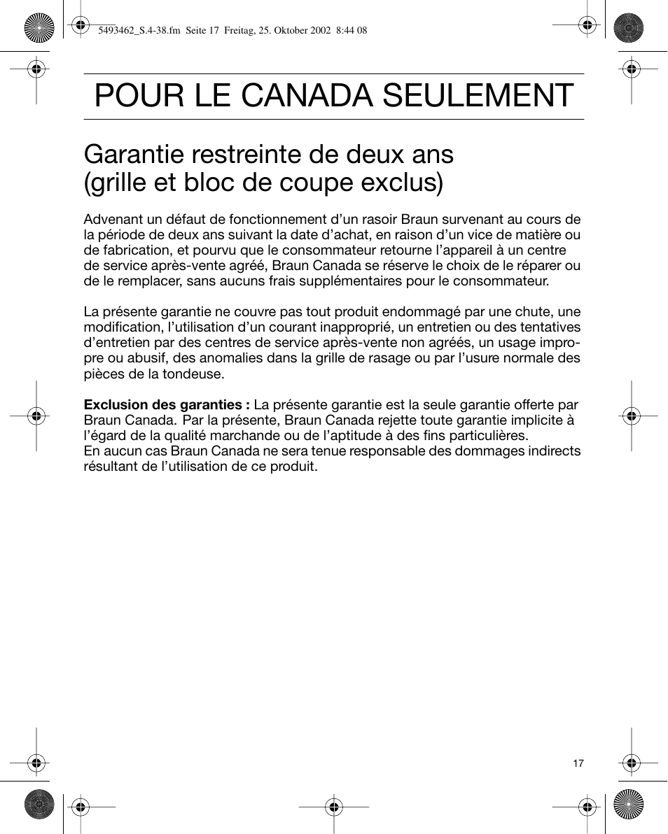 Pour le canada seulement | Braun 5493 User Manual | Page 17 / 38