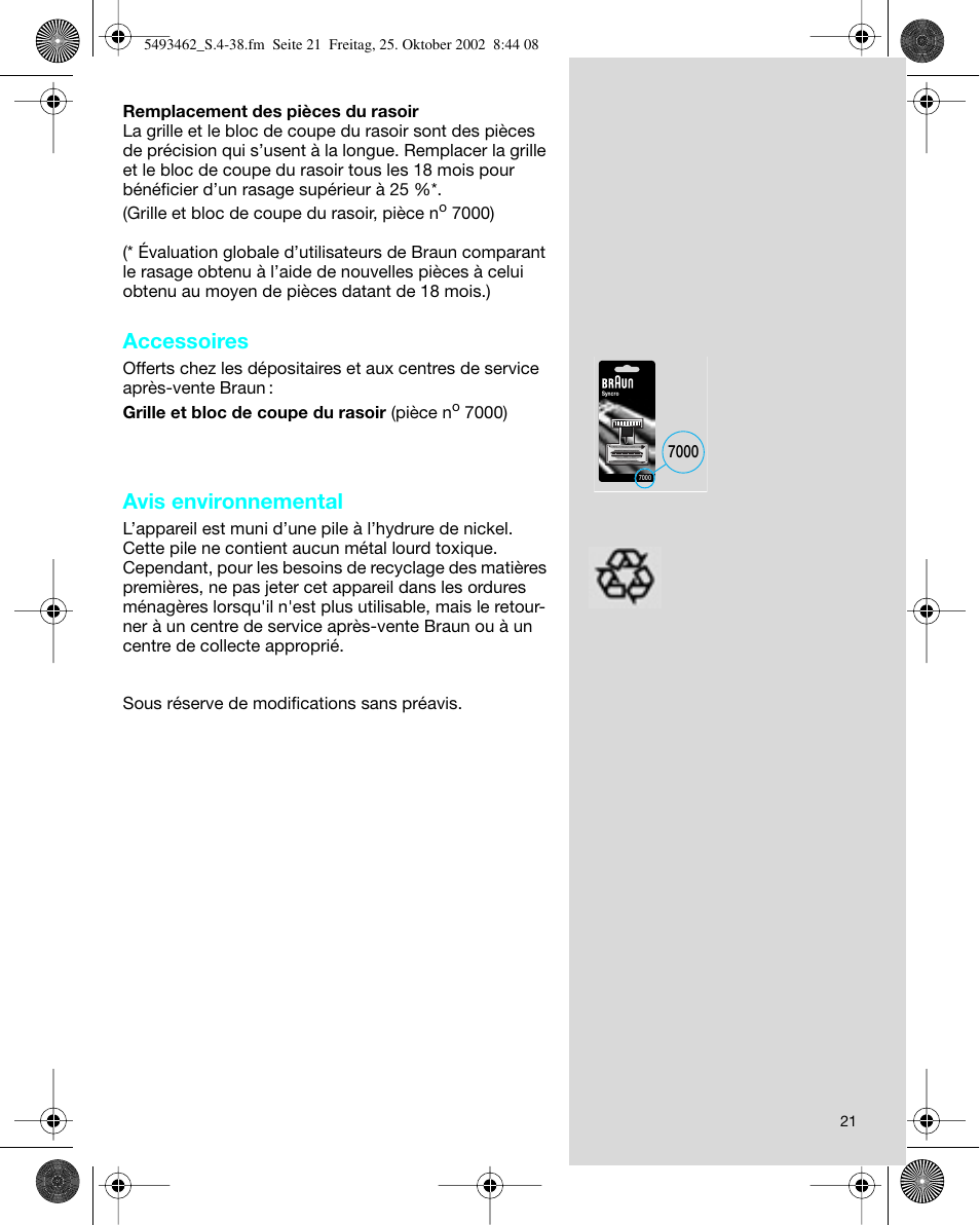 Accessoires, Avis environnemental | Braun 5493 User Manual | Page 21 / 38