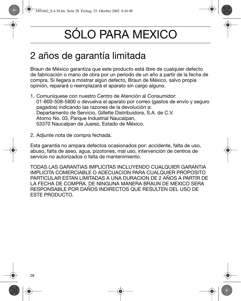 Sólo para mexico, 2 años de garantía limitada | Braun 5493 User Manual | Page 28 / 38