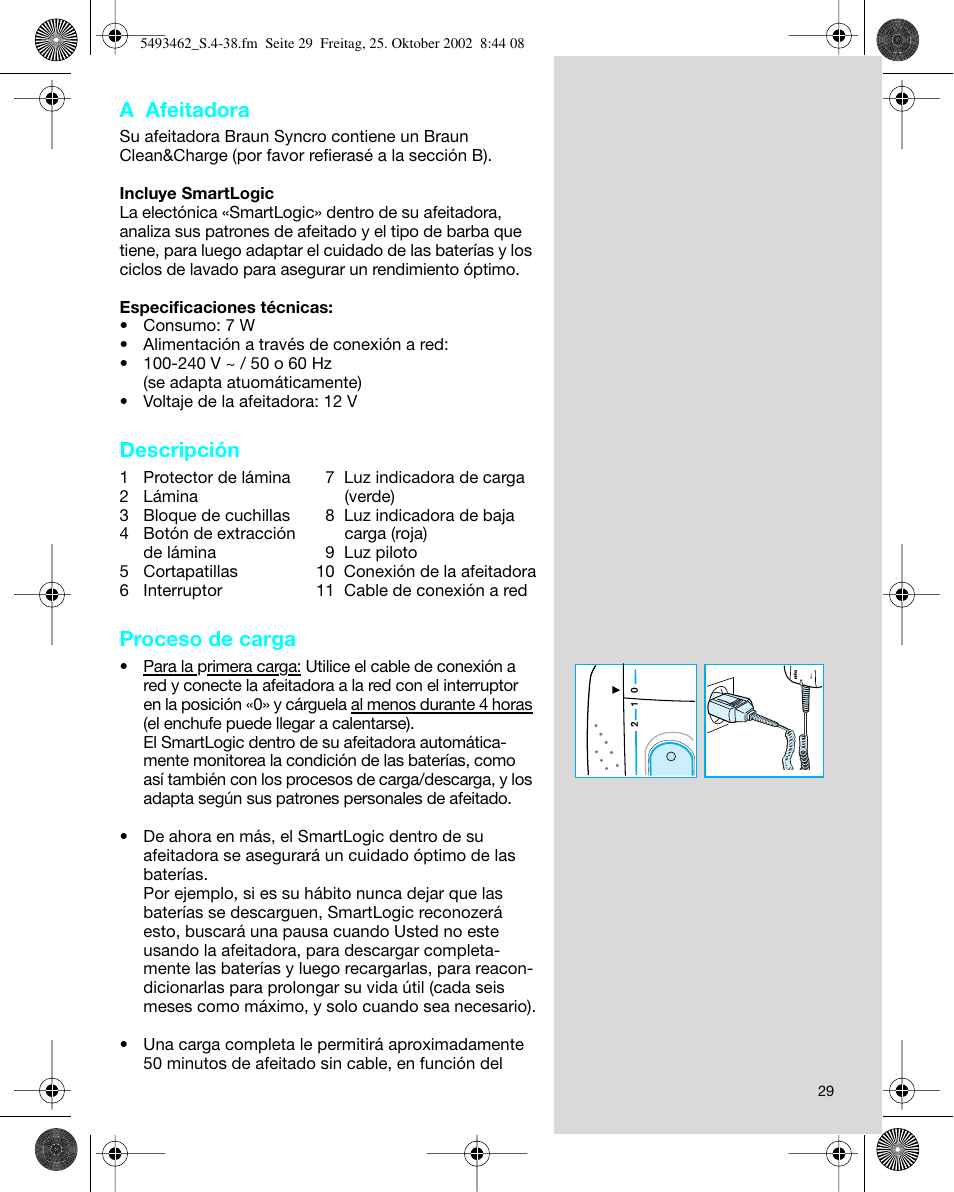 A afeitadora, Descripción, Proceso de carga | Braun 5493 User Manual | Page 29 / 38
