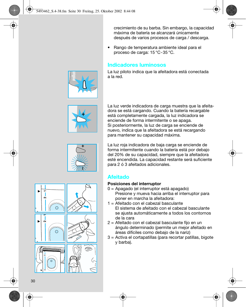 Indicadores luminosos, Afeitado | Braun 5493 User Manual | Page 30 / 38