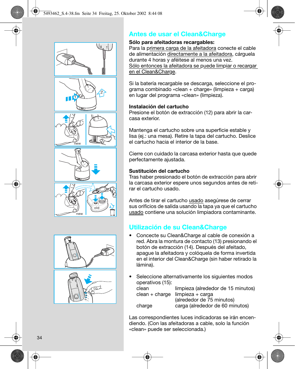 Antes de usar el clean&charge, Utilización de su clean&charge, Au to m a tic lo ck 3 2 1 0 | Braun 5493 User Manual | Page 34 / 38