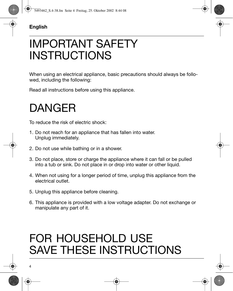 English, Important safety instructions, Danger | For household use save these instructions | Braun 5493 User Manual | Page 4 / 38