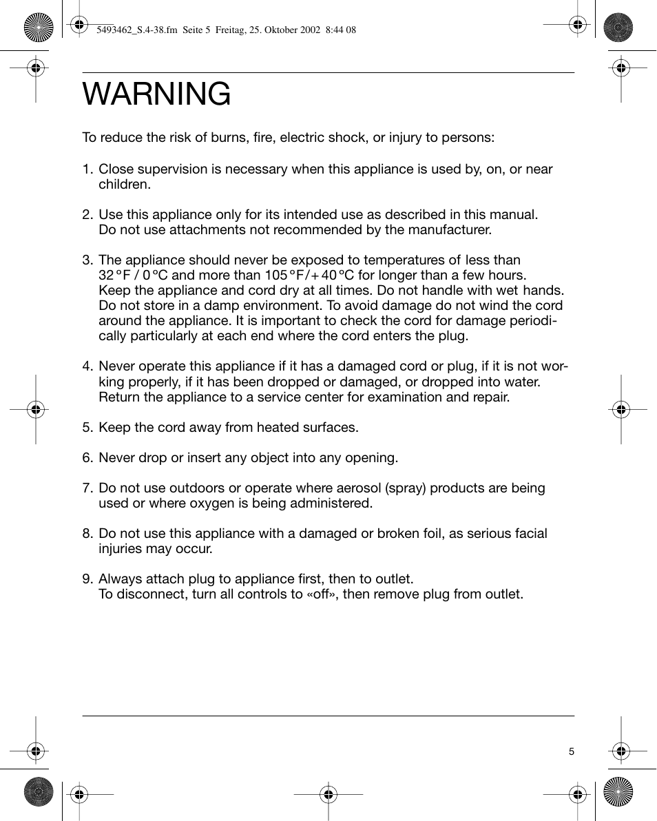 Warning | Braun 5493 User Manual | Page 5 / 38