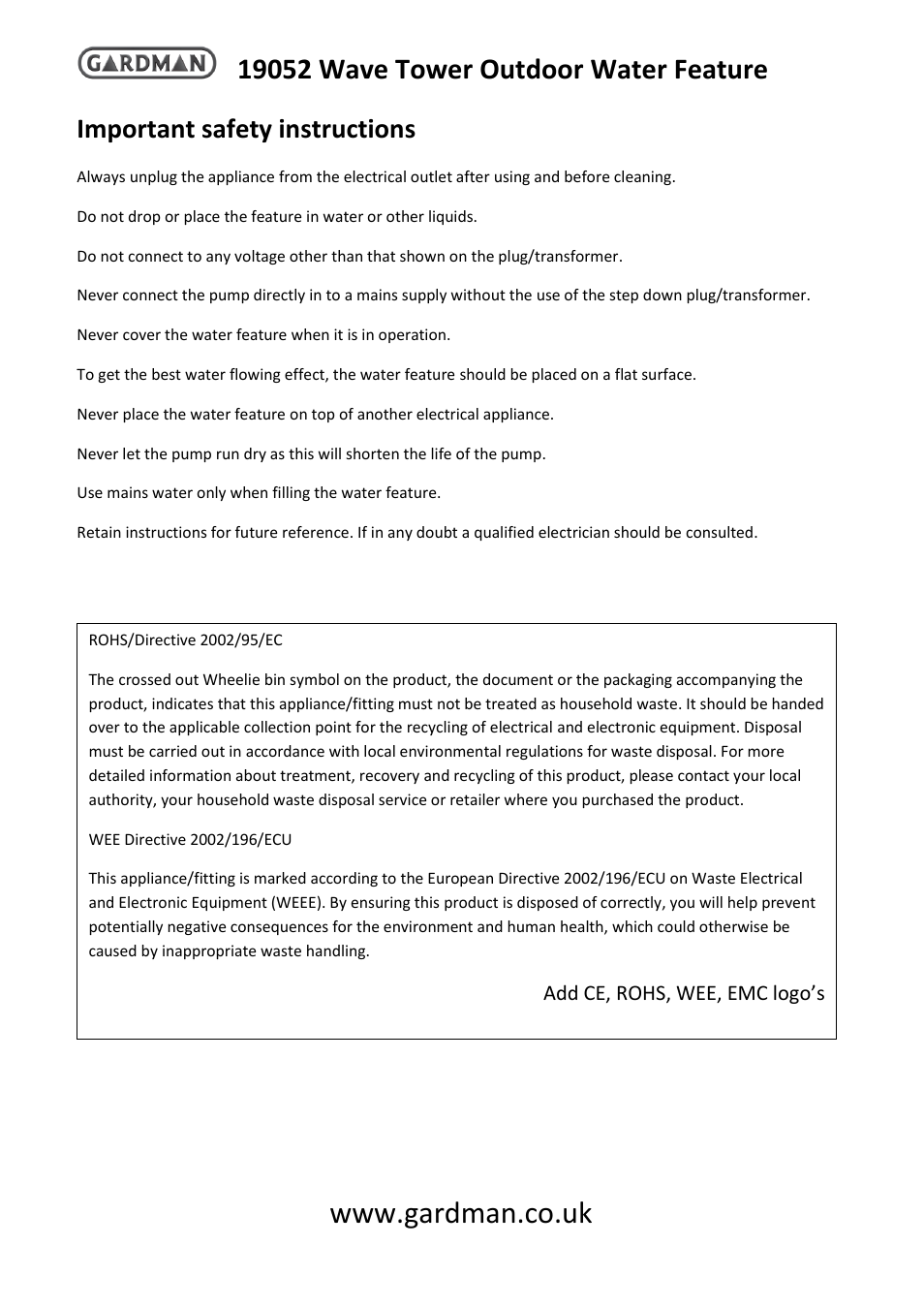 Important safety instructions | Gardman Wave Tower User Manual | Page 3 / 4