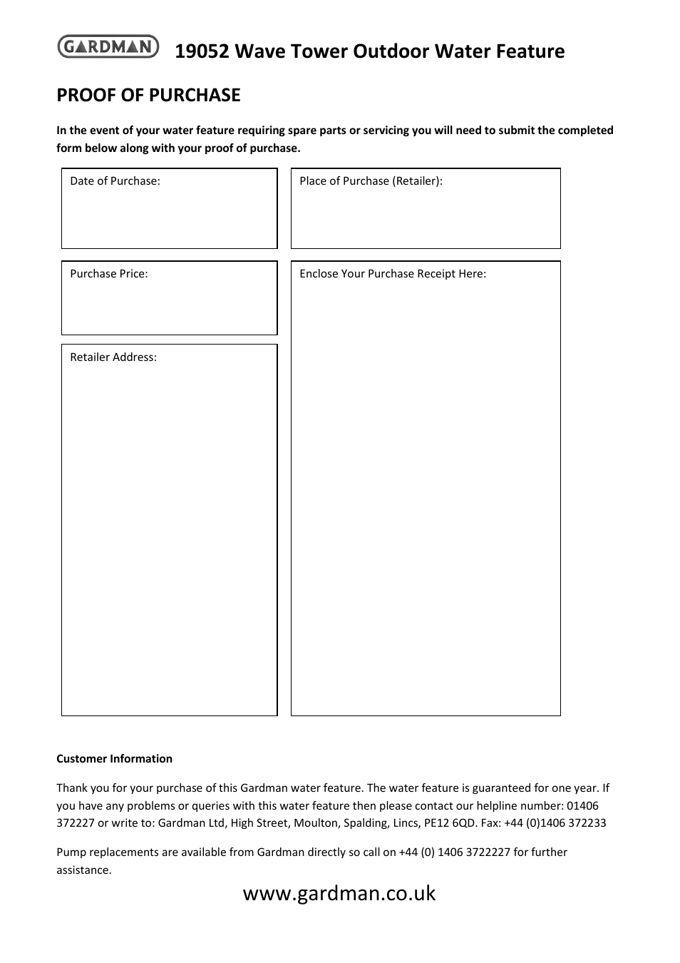 Proof of purchase | Gardman Wave Tower User Manual | Page 4 / 4