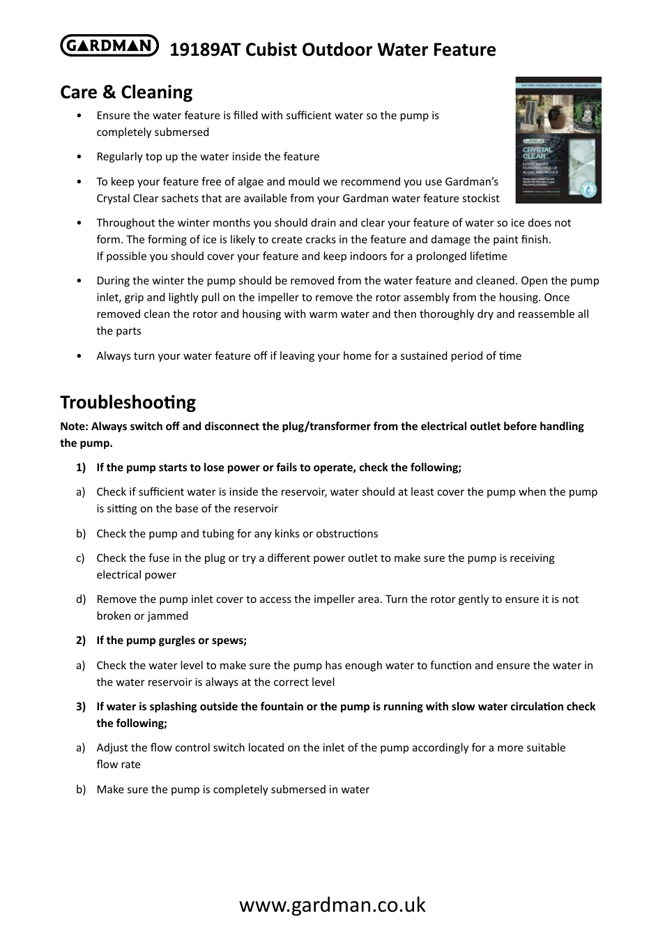 Care & cleaning, Troubleshooting | Gardman Cubist User Manual | Page 2 / 6