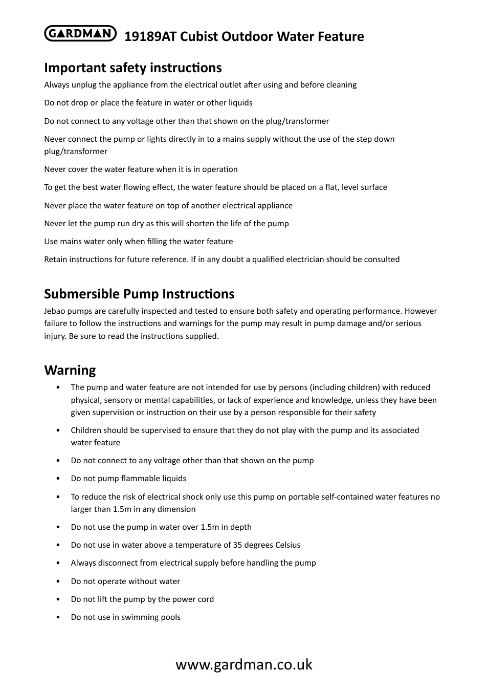 Submersible pump instructions, Warning | Gardman Cubist User Manual | Page 3 / 6