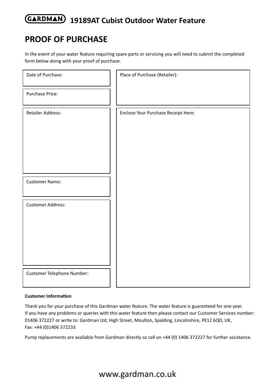 Proof of purchase | Gardman Cubist User Manual | Page 6 / 6