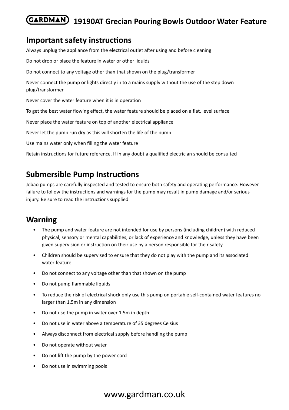 Important safety instructions, Submersible pump instructions, Warning | Gardman Grecian Pouring Bowls User Manual | Page 3 / 6