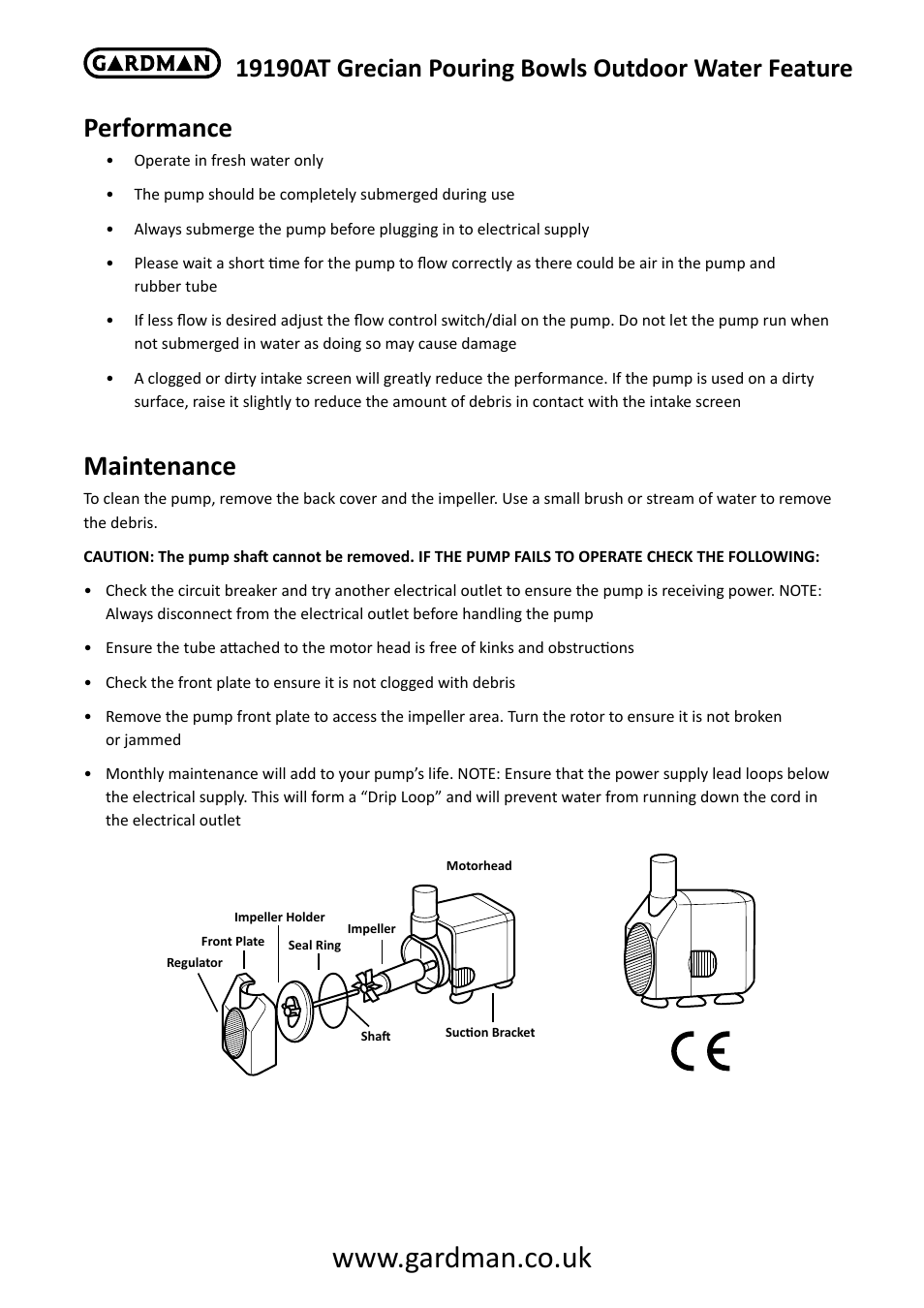 Performance, Maintenance | Gardman Grecian Pouring Bowls User Manual | Page 4 / 6