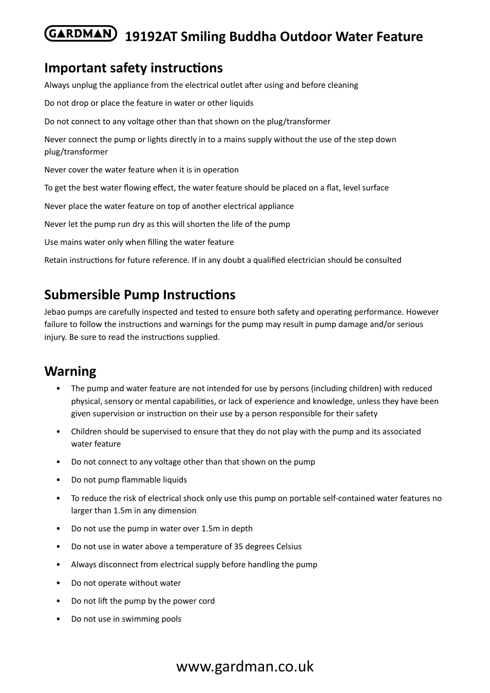 Important safety instructions, Submersible pump instructions, Warning | Gardman Smiling Buddha User Manual | Page 3 / 6