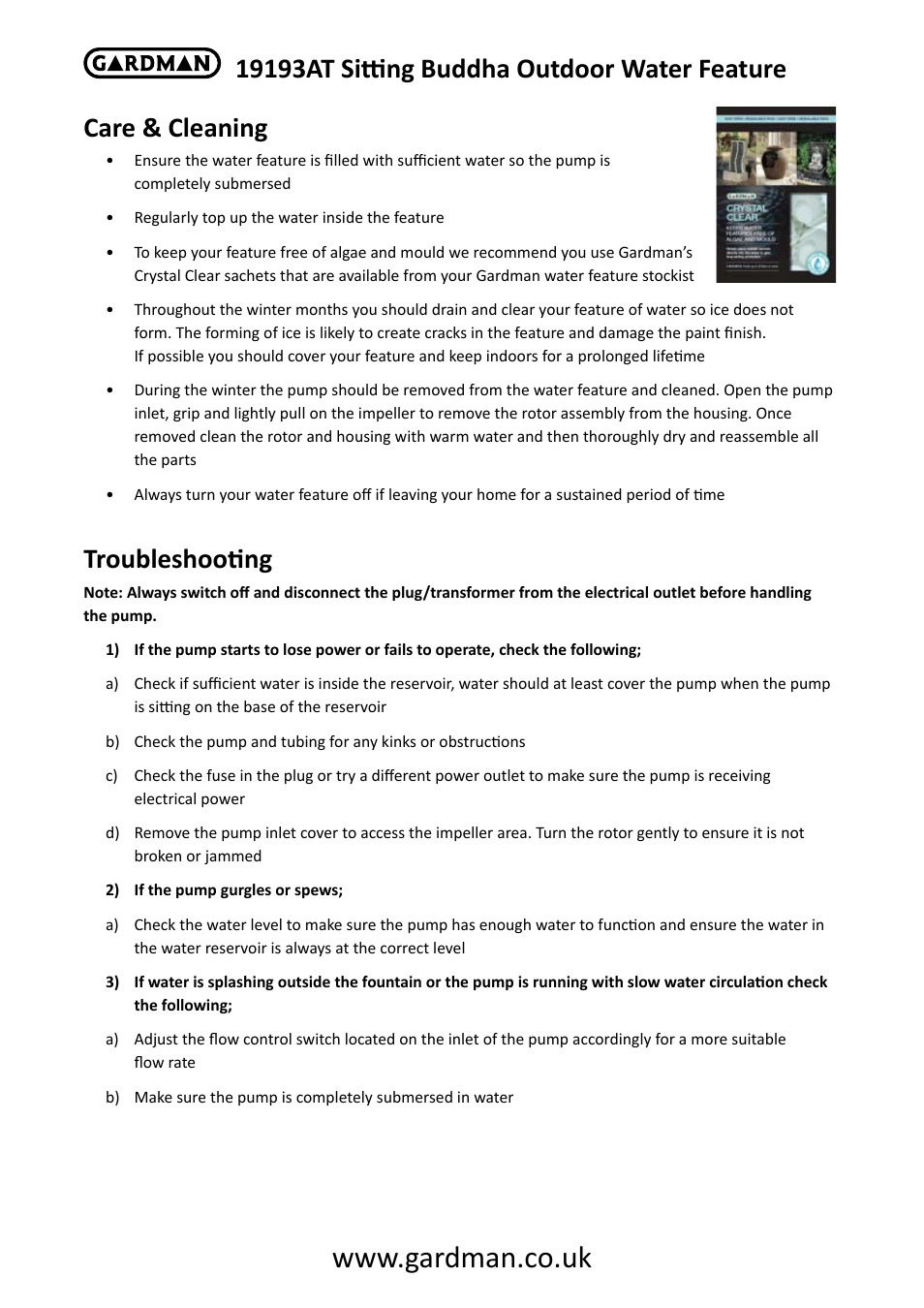 Care & cleaning, Troubleshooting | Gardman Sitting Buddha User Manual | Page 2 / 6