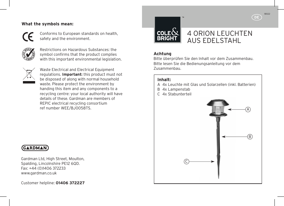 4 orion leuchten aus edelstahl | Gardman 4 Orion Stainless Steel User Manual | Page 3 / 12