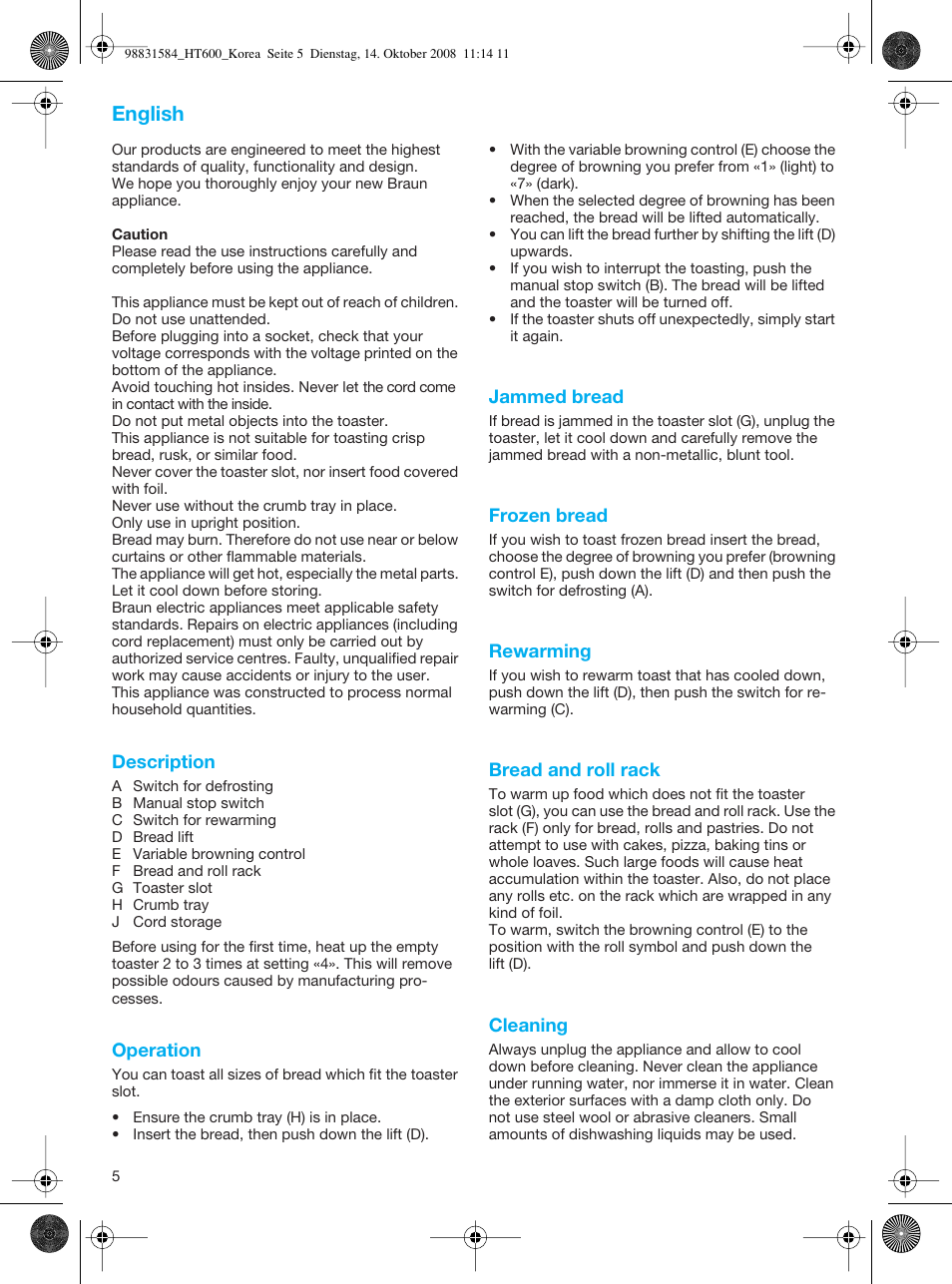 English | Braun SOMMELIER HT 600 User Manual | Page 5 / 6