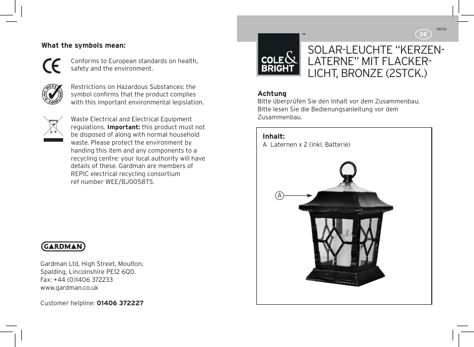 Gardman Flickering Bronze Candle Lantern 1 User Manual | Page 3 / 12