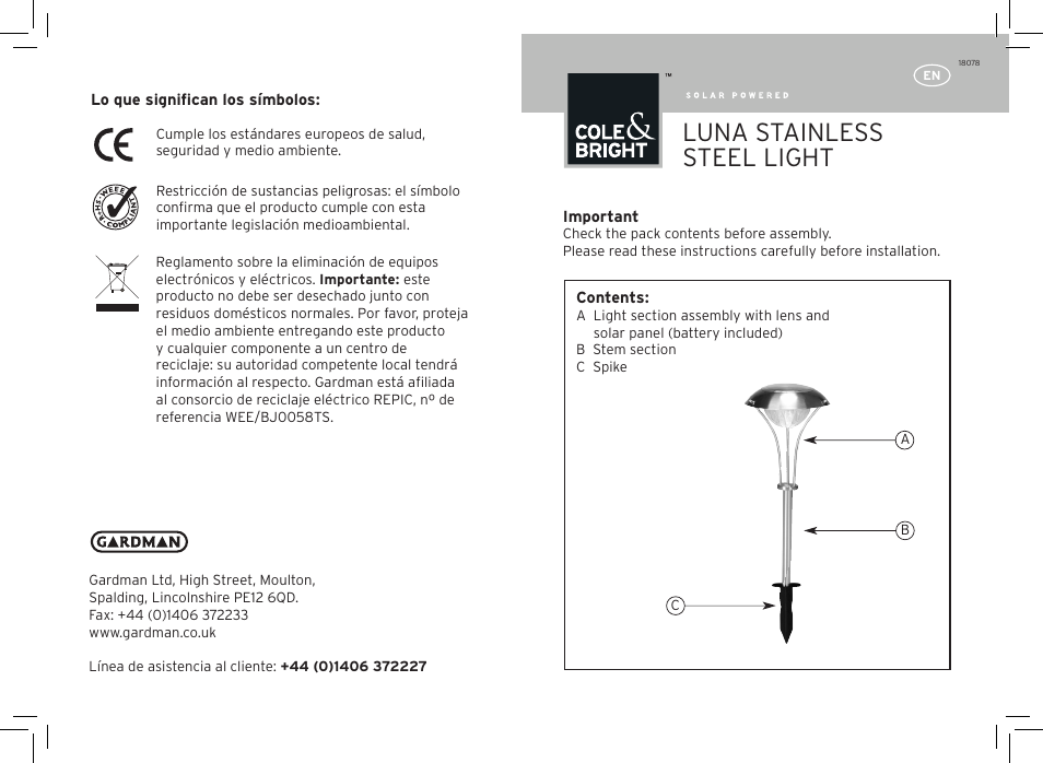 Gardman Luna Stainless Steel Light User Manual | 12 pages