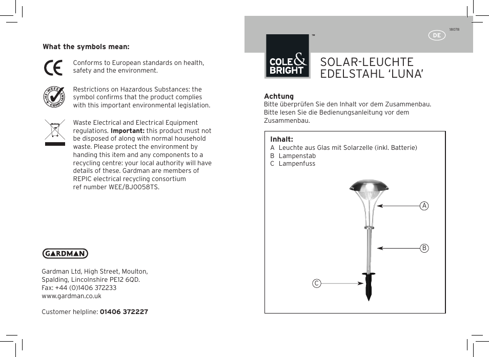 Solar-leuchte edelstahl ‘luna | Gardman Luna Stainless Steel Light User Manual | Page 3 / 12