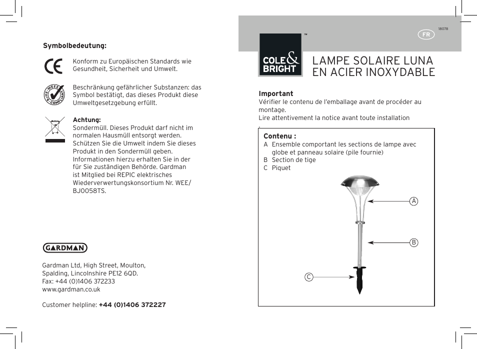 Lampe solaire luna en acier inoxydable | Gardman Luna Stainless Steel Light User Manual | Page 5 / 12