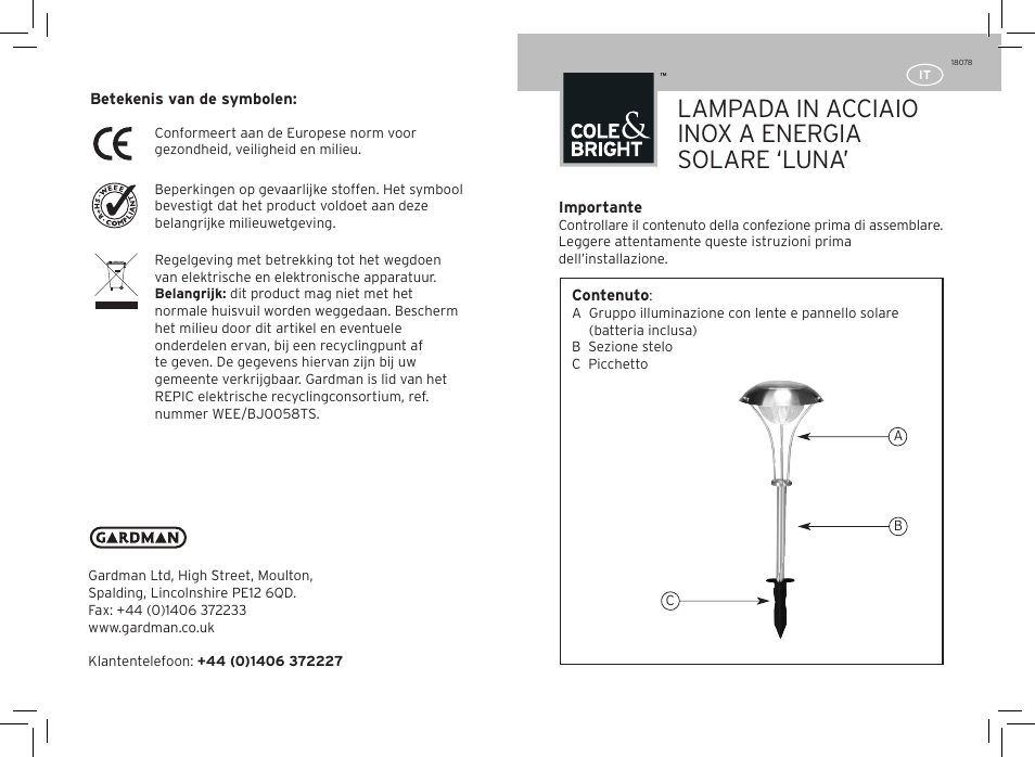 Lampada in acciaio inox a energia solare ‘luna | Gardman Luna Stainless Steel Light User Manual | Page 9 / 12