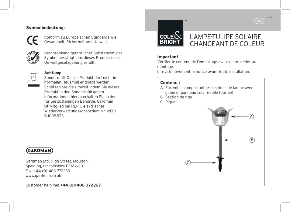 Lampe-tulipe solaire changeant de coleur | Gardman Colour change tulip User Manual | Page 5 / 12