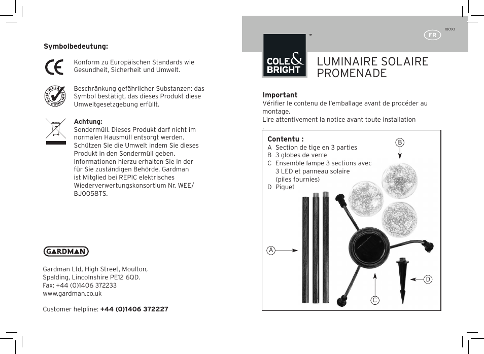 Luminaire solaire promenade | Gardman Promenade Light User Manual | Page 5 / 12