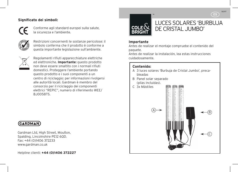 Luces solares ‘burbuja de cristal jumbo | Gardman Solar Jumbo Crystal Bubble Lights User Manual | Page 11 / 12