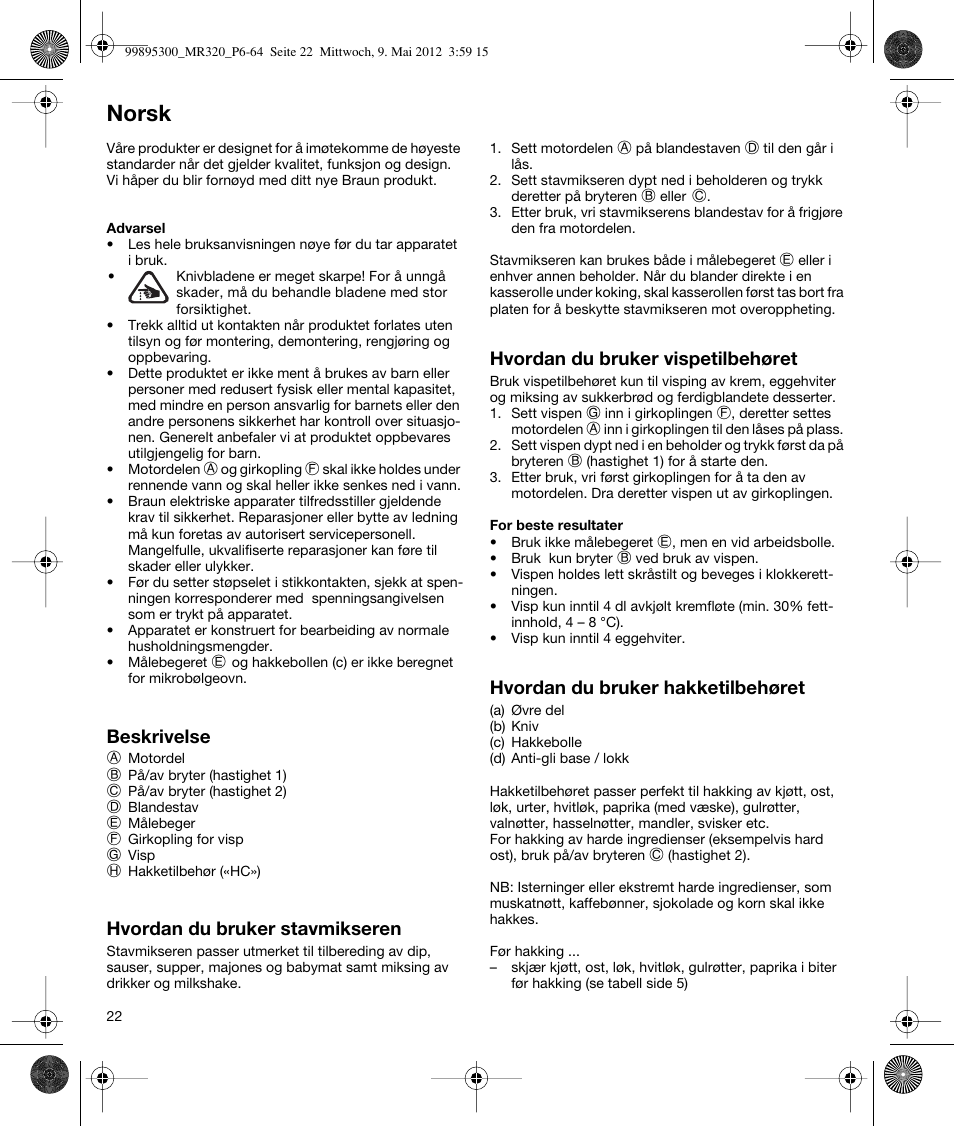 Norsk | Braun Multiquick 3 MR 320 User Manual | Page 21 / 61