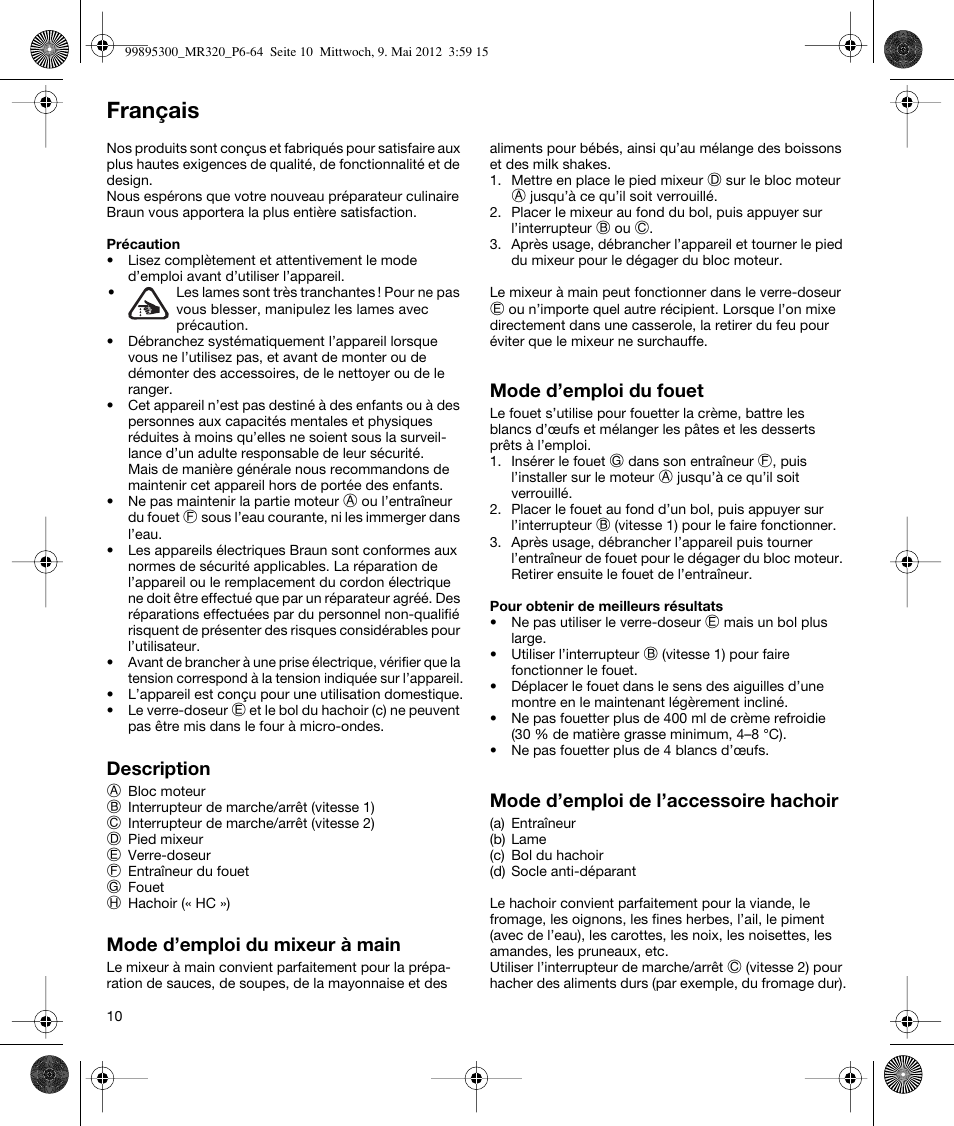 Français | Braun Multiquick 3 MR 320 User Manual | Page 9 / 61