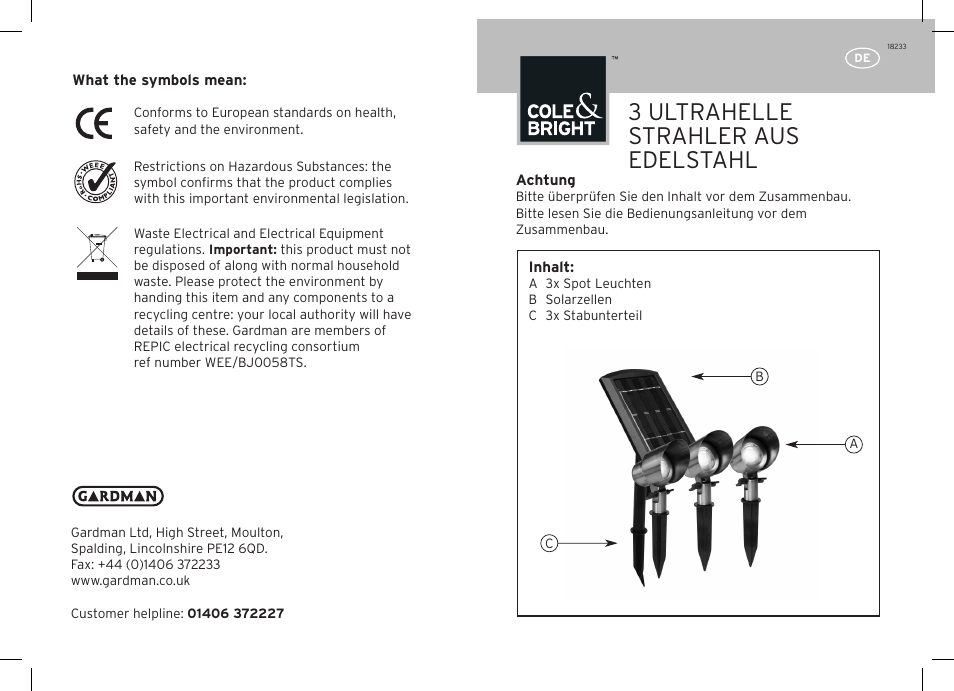 3 ultrahelle strahler aus edelstahl | Gardman 3 Ultra Bright Stainless Steel Spot Lights User Manual | Page 3 / 12