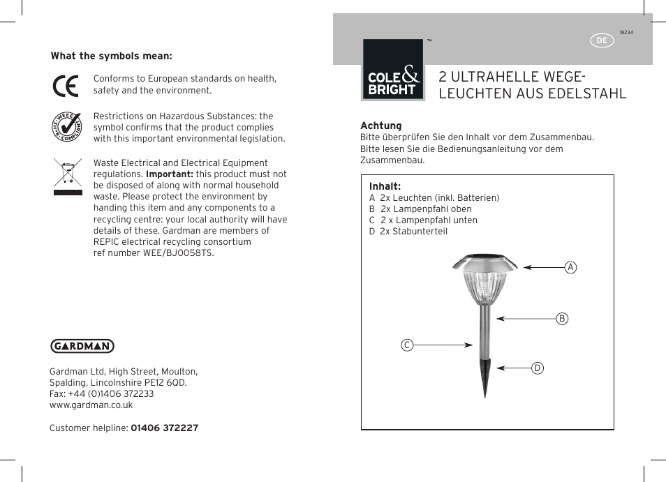 2 ultrahelle wege- leuchten aus edelstahl | Gardman 2 Ultra Bright Stainless Steel Border Light User Manual | Page 3 / 12