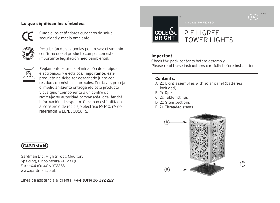 Gardman 2 Filigree Tower Light User Manual | 12 pages