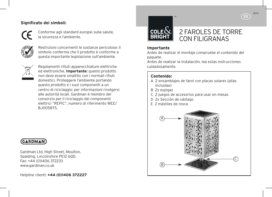 2 faroles de torre con filigranas | Gardman 2 Filigree Tower Light User Manual | Page 11 / 12