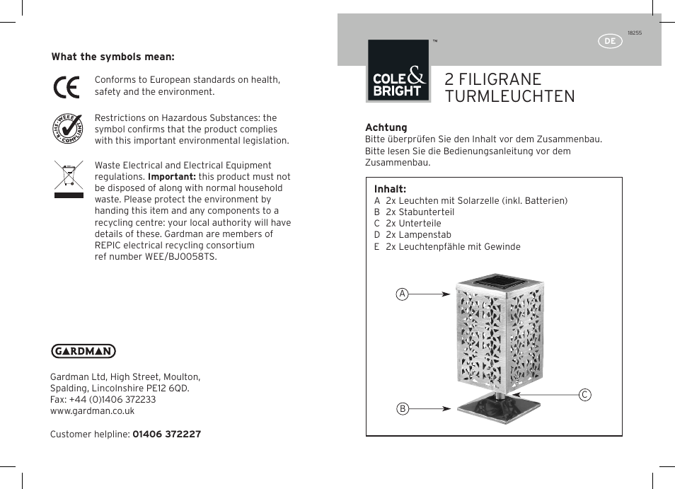 2 filigrane turmleuchten | Gardman 2 Filigree Tower Light User Manual | Page 3 / 12