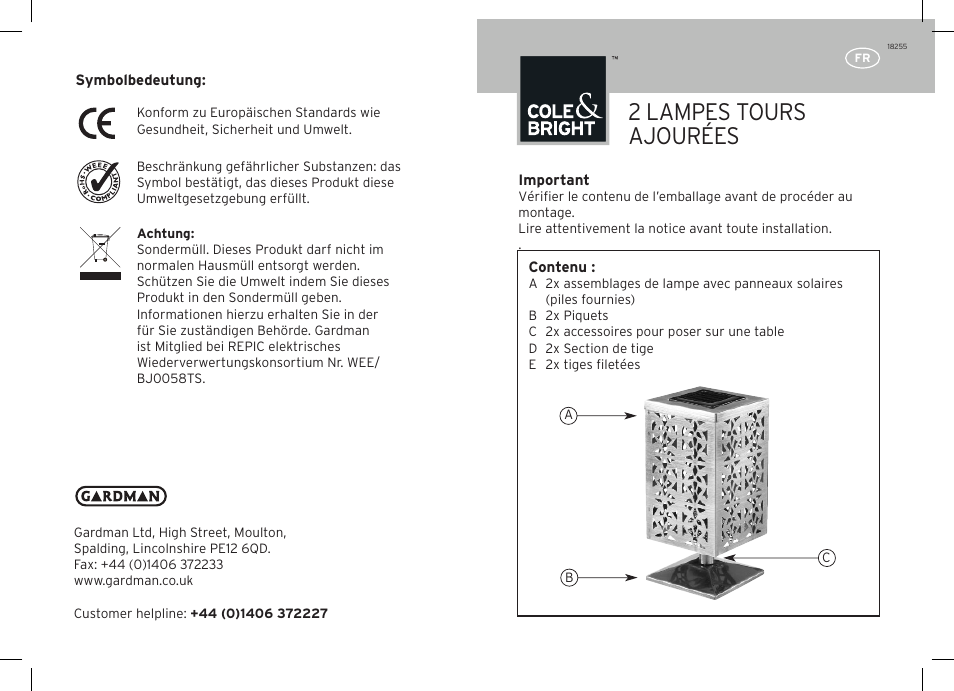 2 lampes tours ajourées | Gardman 2 Filigree Tower Light User Manual | Page 5 / 12