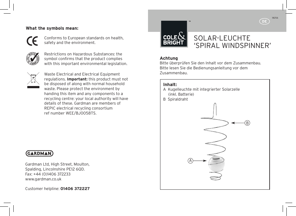 Solar-leuchte ‘spiral windspinner | Gardman Spiral Wind Spinner Light User Manual | Page 3 / 12