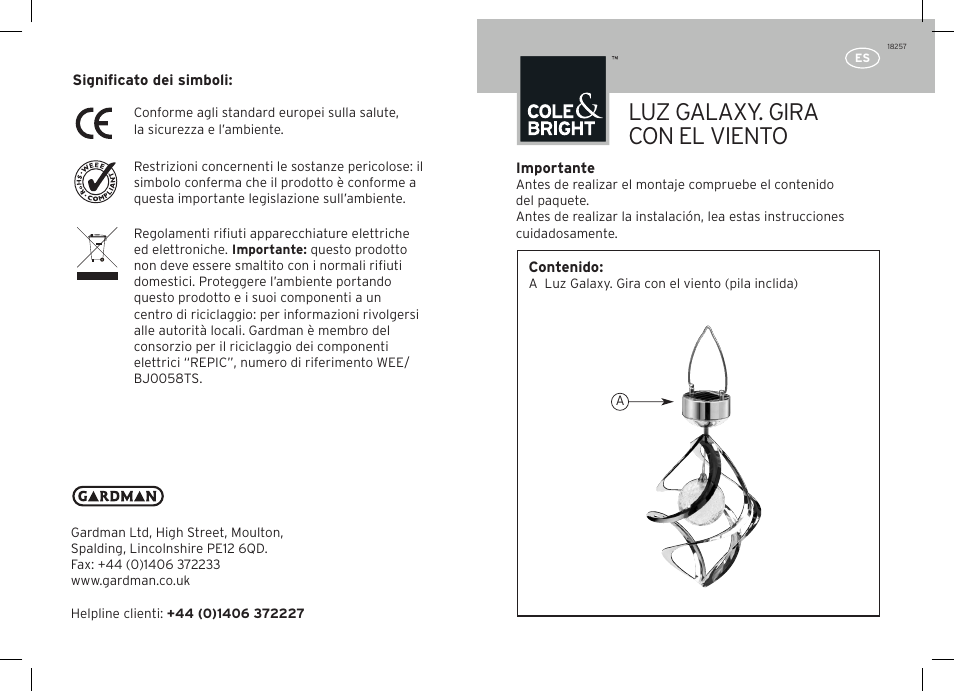 Luz galaxy. gira con el viento | Gardman Galaxy Wind Spinner User Manual | Page 11 / 12