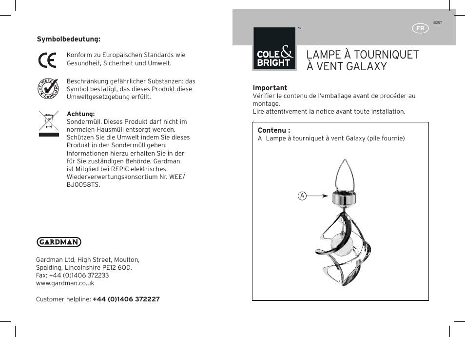 Lampe à tourniquet à vent galaxy | Gardman Galaxy Wind Spinner User Manual | Page 5 / 12