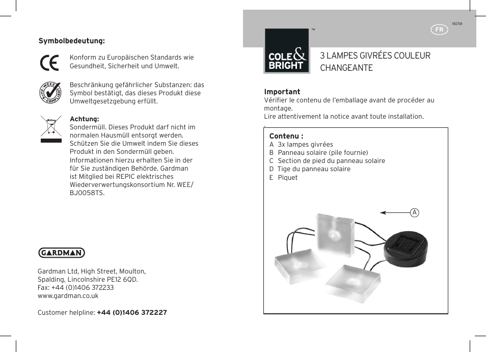 3 lampes givrées couleur changeante | Gardman Frosted Ice color changing User Manual | Page 5 / 12