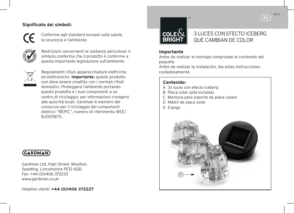 3 luces con efecto iceberg que cambian de color | Gardman Color Changing Iceberg Light User Manual | Page 11 / 12