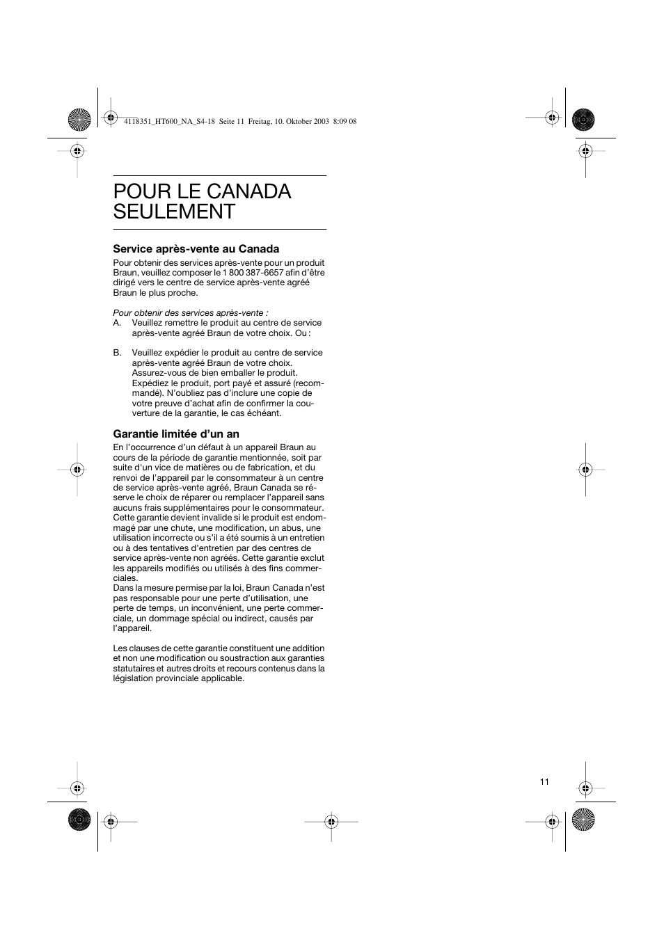 Pour le canada, Seulement | Braun 4118 User Manual | Page 11 / 18