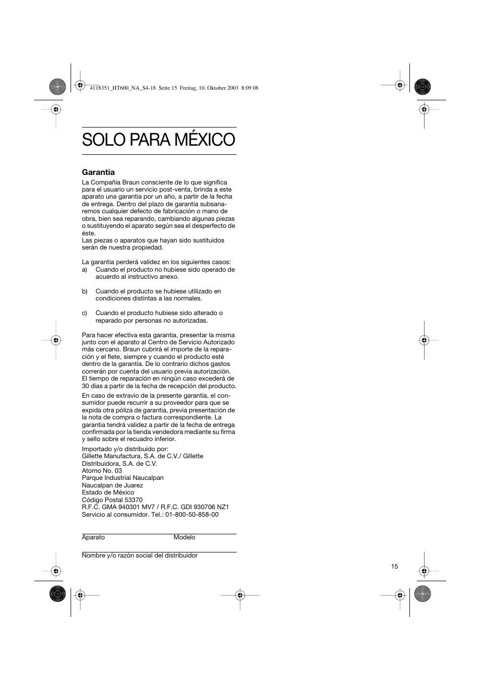 Solo para méxico | Braun 4118 User Manual | Page 15 / 18