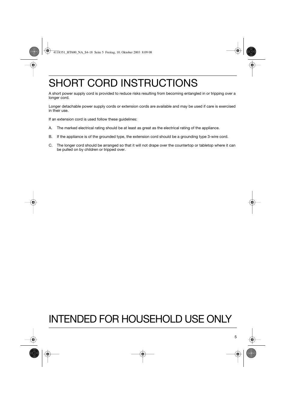 Short cord instructions, Intended for household use only | Braun 4118 User Manual | Page 5 / 18