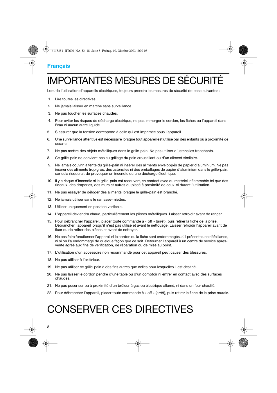 Français, Importantes mesures de sécurité, Conserver ces directives | Braun 4118 User Manual | Page 8 / 18