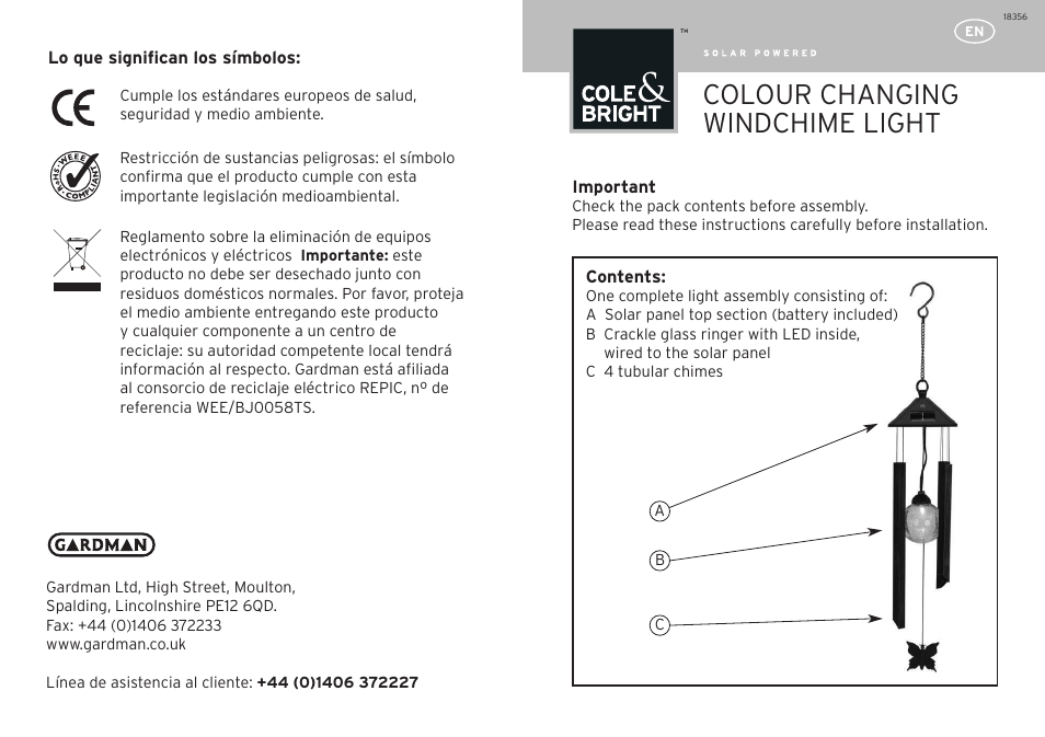 Gardman Colour Changing Windchime User Manual | 12 pages