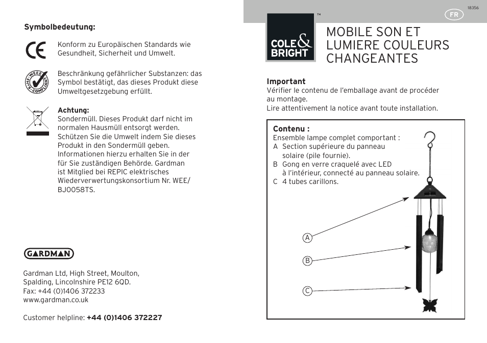 Mobile son et lumiere couleurs changeantes | Gardman Colour Changing Windchime User Manual | Page 5 / 12